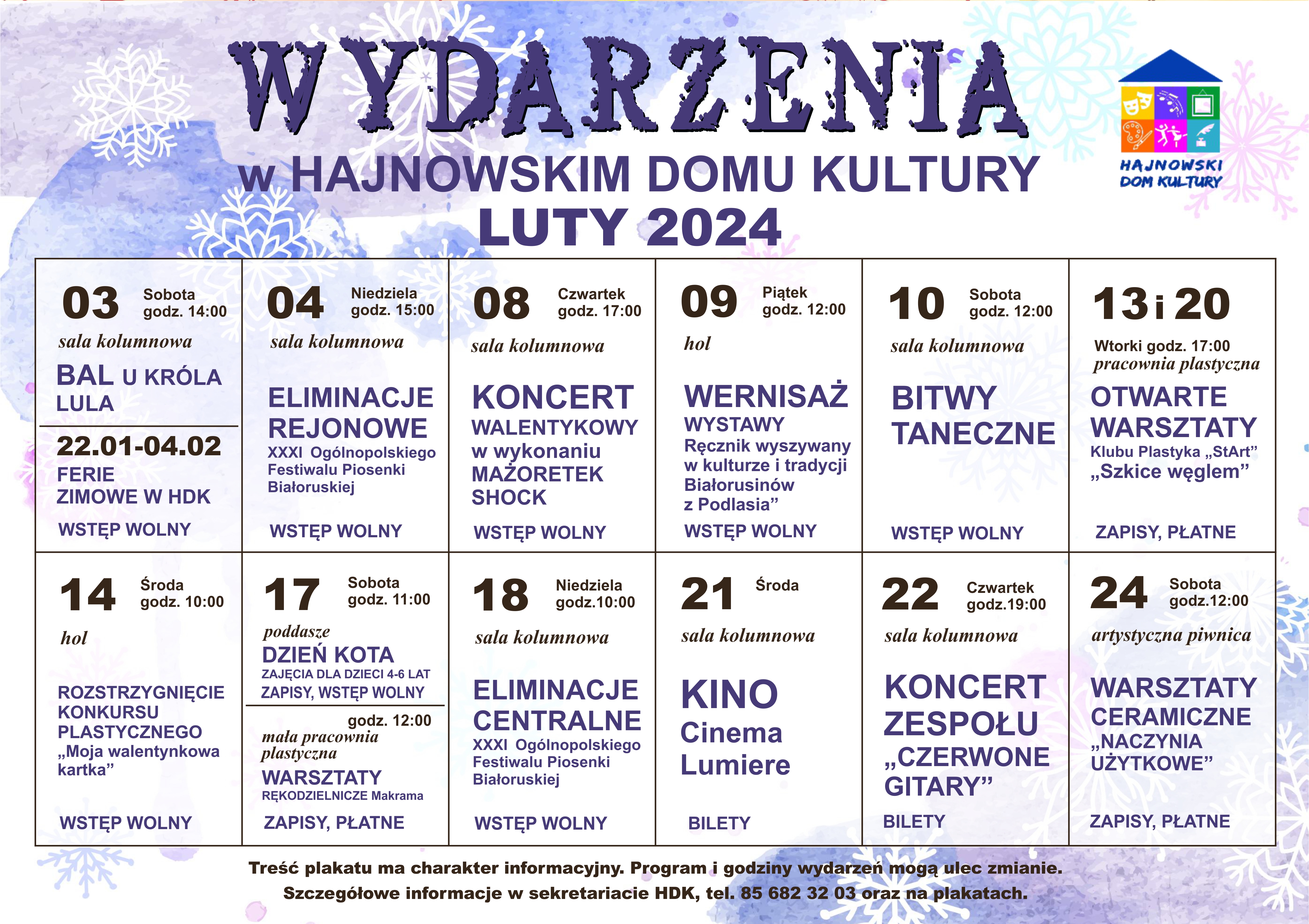 Plakat informujący o wydarzeniach w HDK w miesiącu luty 2024
